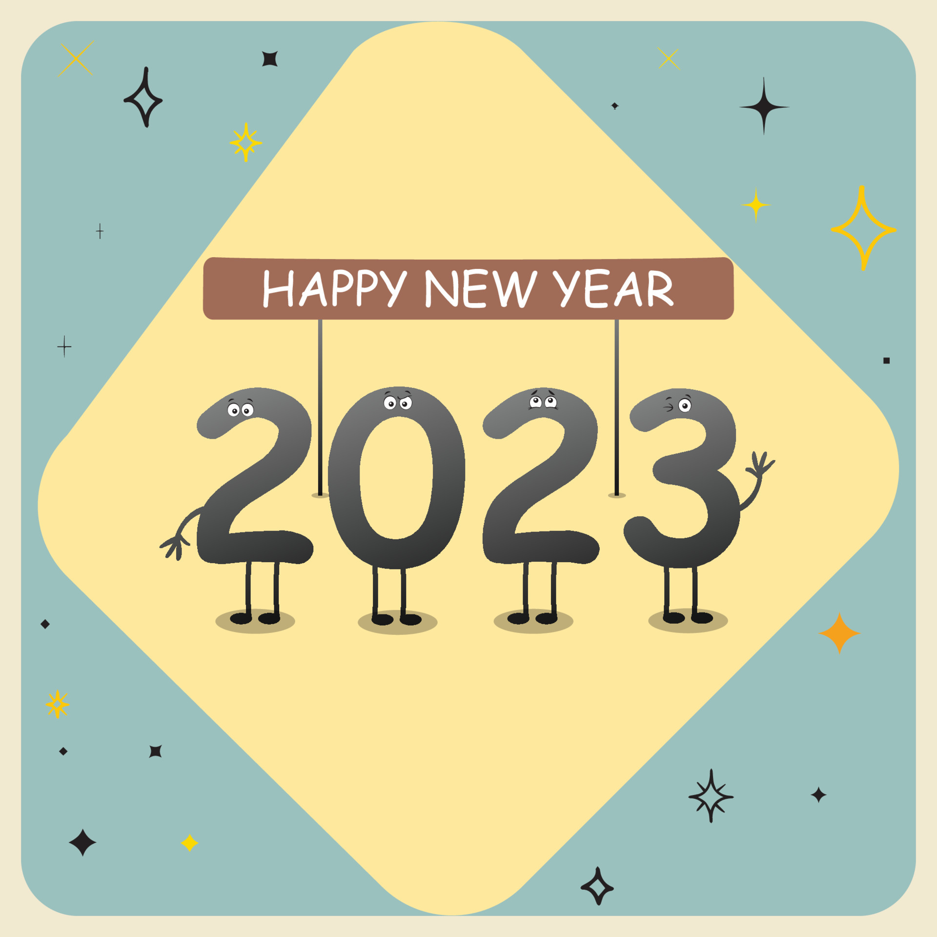 funny cartoons greeting card, happy new year 2023, pro vector 15915857  Vector Art at Vecteezy