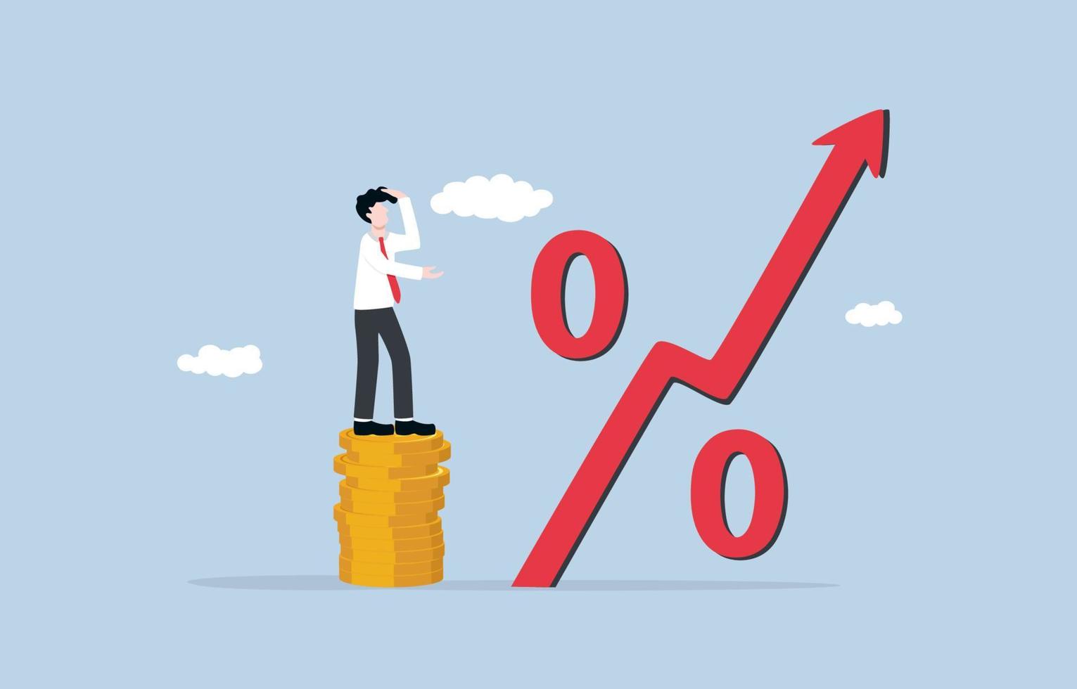 impacto de la inflación en los ingresos, salario injusto en comparación con el aumento de la inflación, fracaso del gobierno en el concepto financiero. hombre de negocios de pie en una pila de monedas cortas mirando el signo de porcentaje creciente rojo gigante. vector