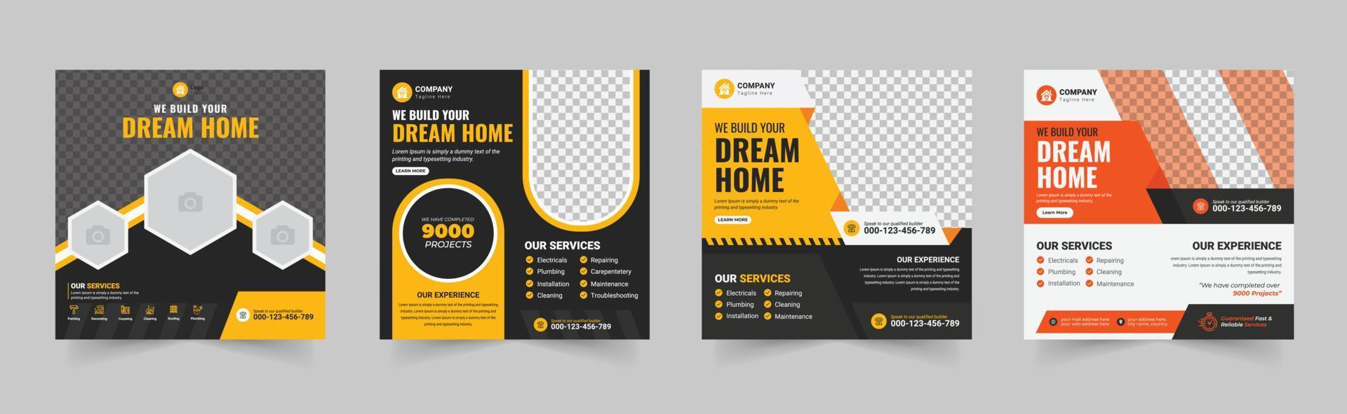 Construction social media post banner bundle, Plumber Service Social Media web banner, home repair social media post design, renovation Handyman home repair flyer vector