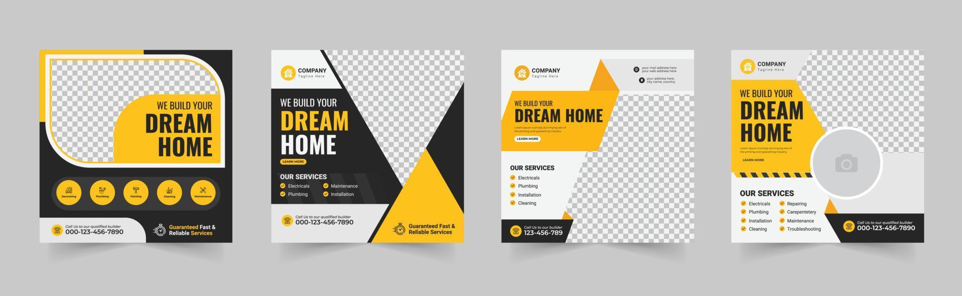 Construction social media post banner, Plumber Service Social Media web banner, home repair social media post design bundle, renovation Handyman home repair flyer vector