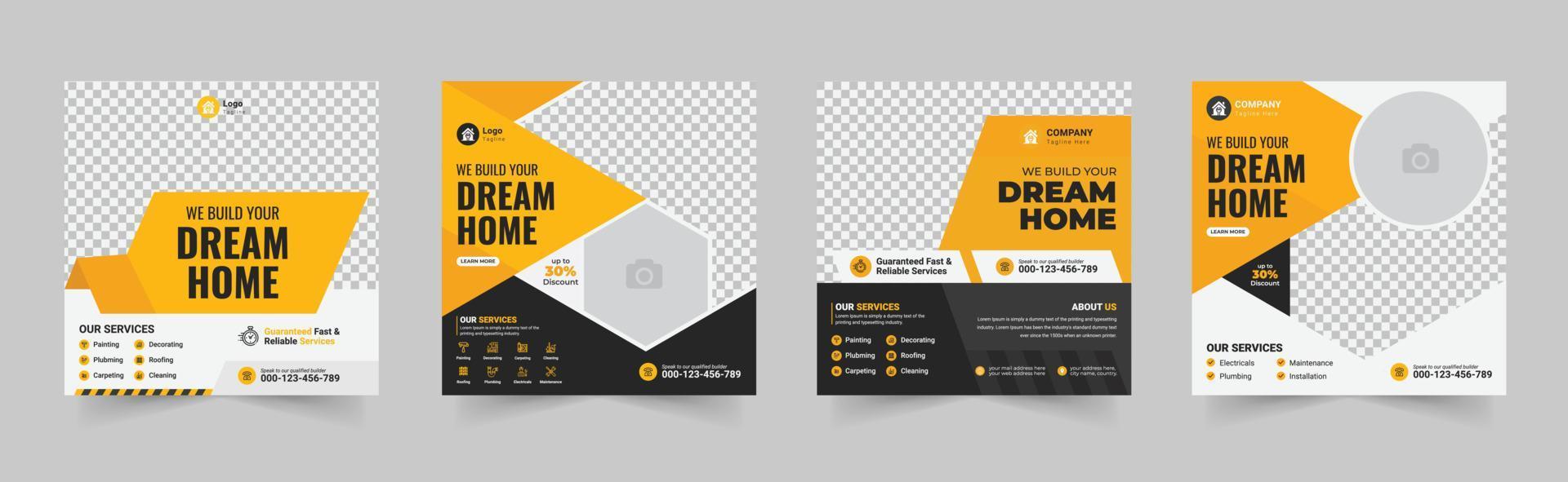 Construction social media post banner, Plumber Service Social Media web banner, home repair social media post design, renovation Handyman home repair banner, construction agency ads flyer vector