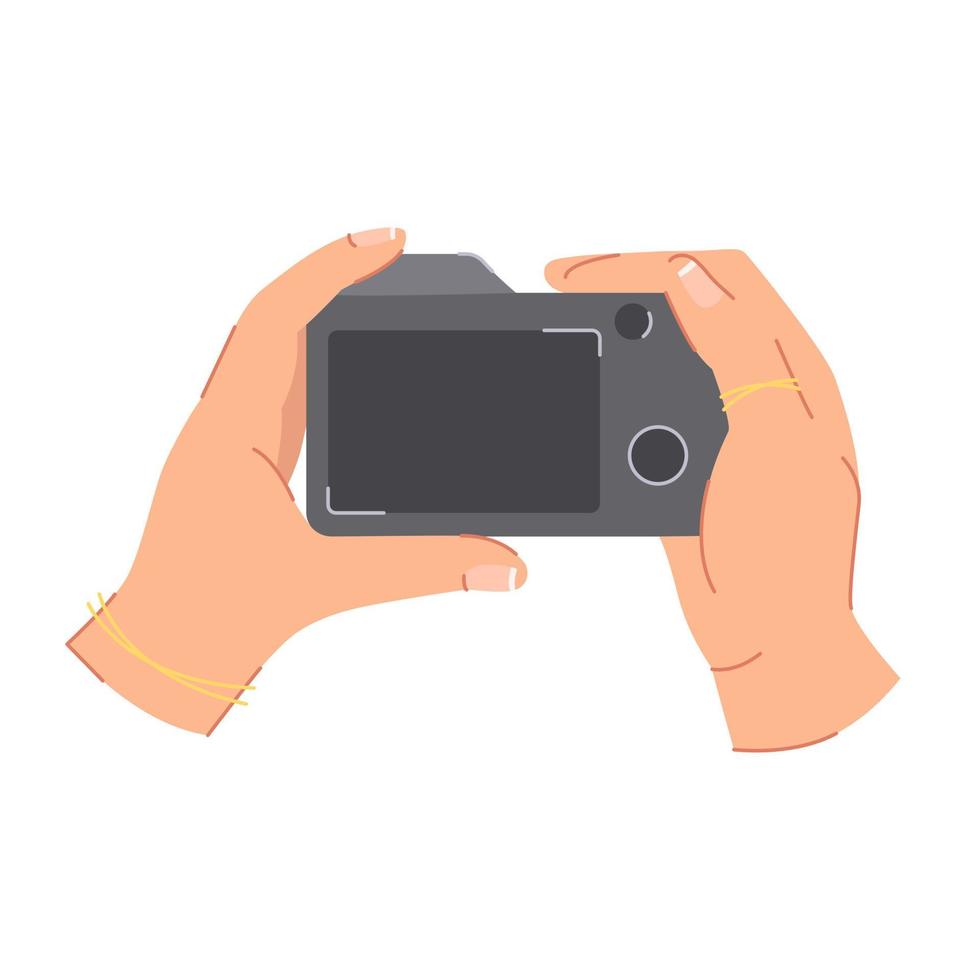 Hands holding a camera, vector illustration on a white background