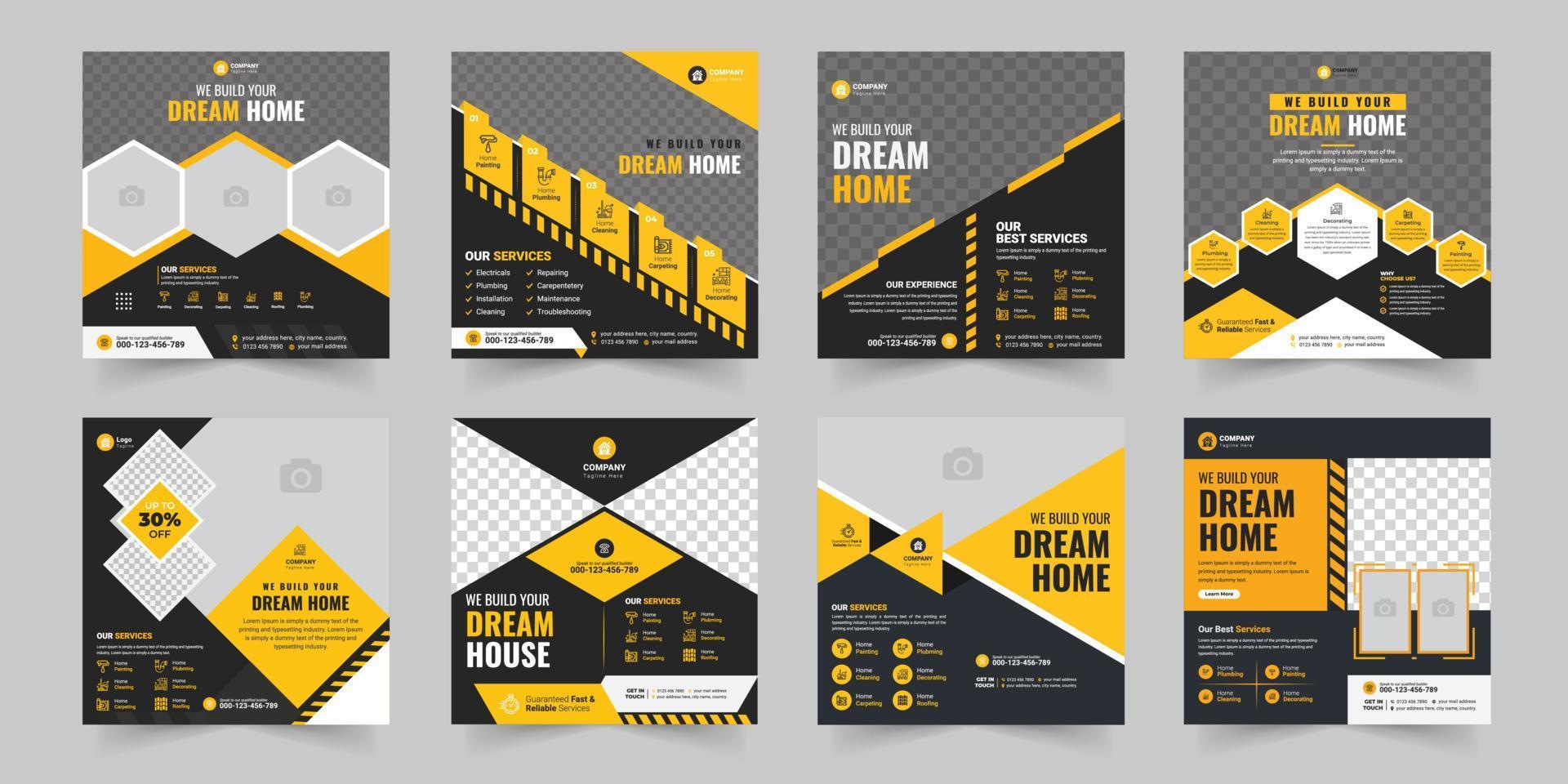 Construction social media post banner bundle, Plumber Service Social Media web banner, home repair social media post design, renovation Handyman home repair banner flyer vector