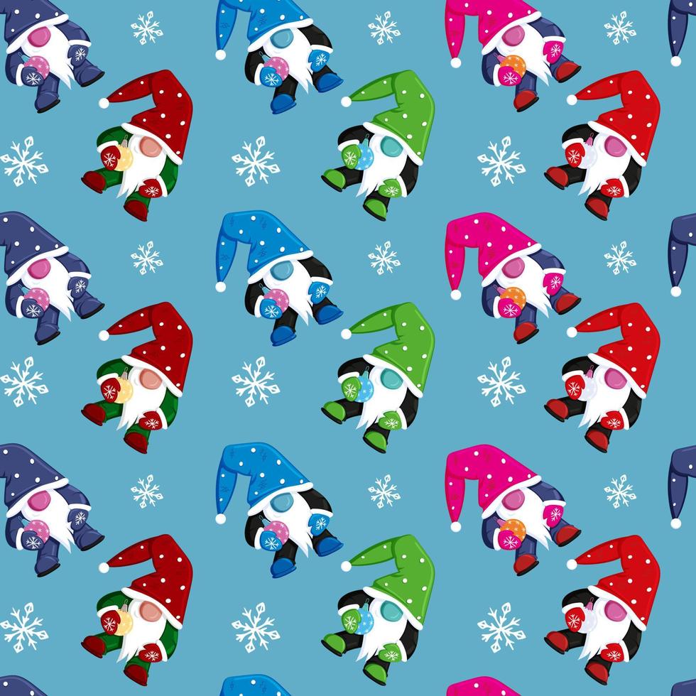 Christmas gnomes seamless pattern in pop art colors on light blue color. Vector illustration in flat style. Perfect for textile prints, kids design, decor, wrapping.