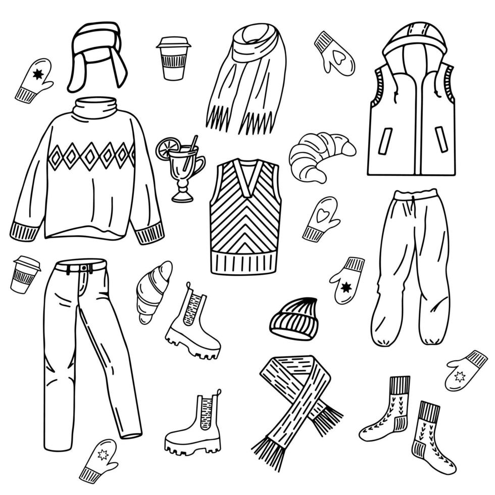 Hand drawn warm and winter clothes with croissants and drinks set. Isolated fashion vector set in doodle style.