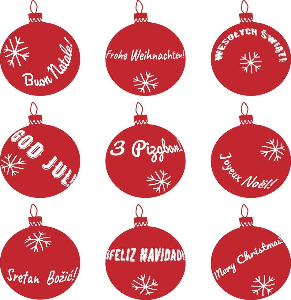 Merry Christmas red ball set made of lettering in english, german, french, italian, spanish, swedish, polish, ukrainian, croatian. Isolated vector collection of objects
