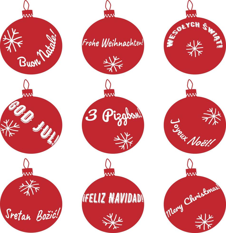 juego de bolas rojas de feliz navidad hecho de letras en inglés, alemán, francés, italiano, español, sueco, polaco, ucraniano, croata. colección vectorial aislada de objetos vector