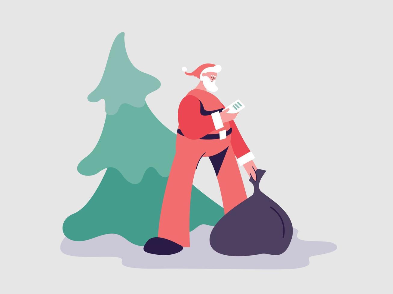 lindo santa claus con una bolsa de regalo. santa sostiene un teléfono con una lista de destinatarios. ilustración vectorial de entrega de regalos vector