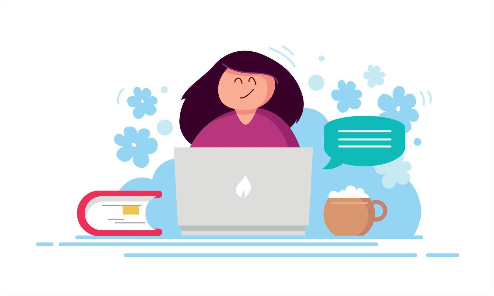 Work at home. Happy Freelancer woman character working on laptop at home. Cartoon Flat Vector illustration.