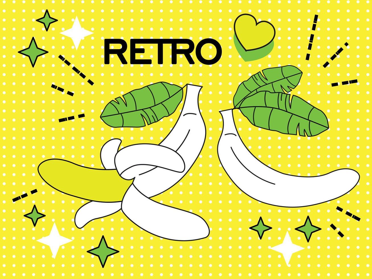 arte pop retro de plátanos amarillos sobre un fondo amarillo. banner retro de dibujos animados para banners web, sitios web, portadas de revistas. vector