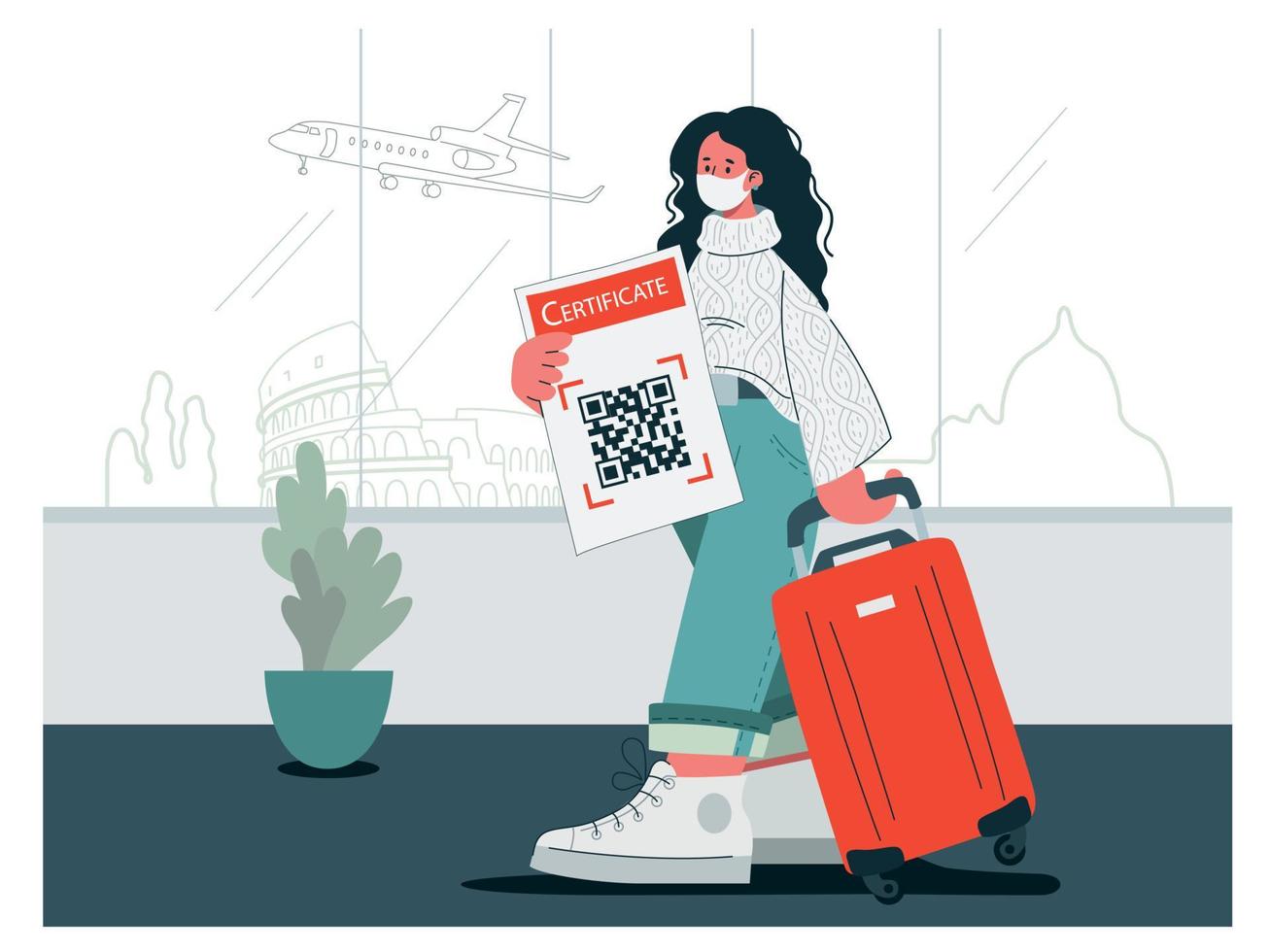 The Masked Traveler with luggage walking with the QR code at the airport.  Travel concept under the conditions of Coronavirus.  Concept protect the world from spread of the virus. vector