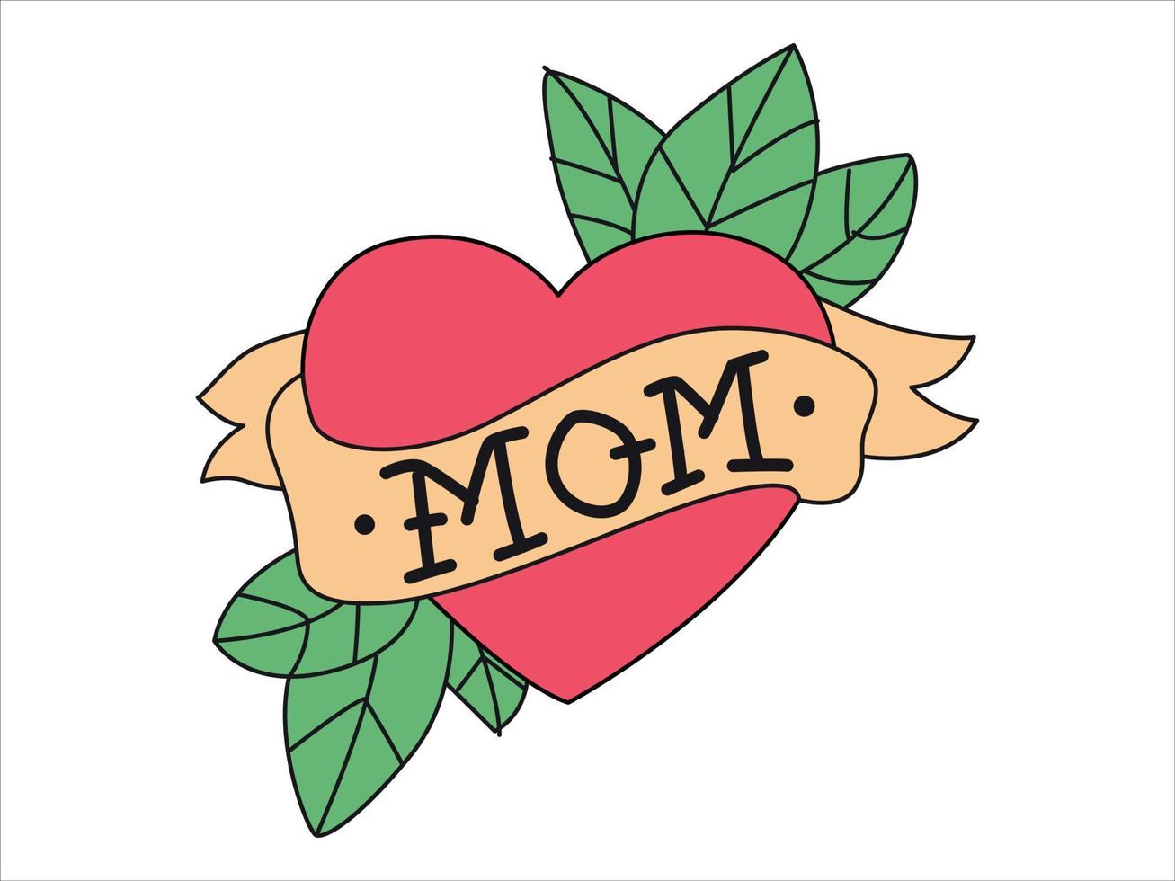 corazón rojo con hojas verdes y una cinta con la palabra mamá. Ilustración de vector de tatuaje retro