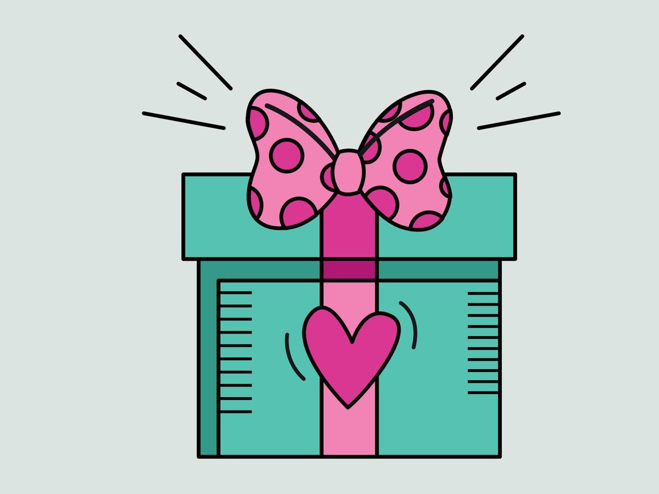 Green gift box with a bow and a heart, isolated on the background.  Vector festive illustration for gift