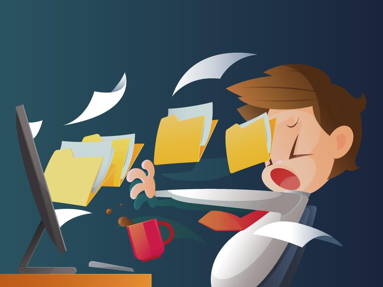 Businessman working overtime late night in office vector