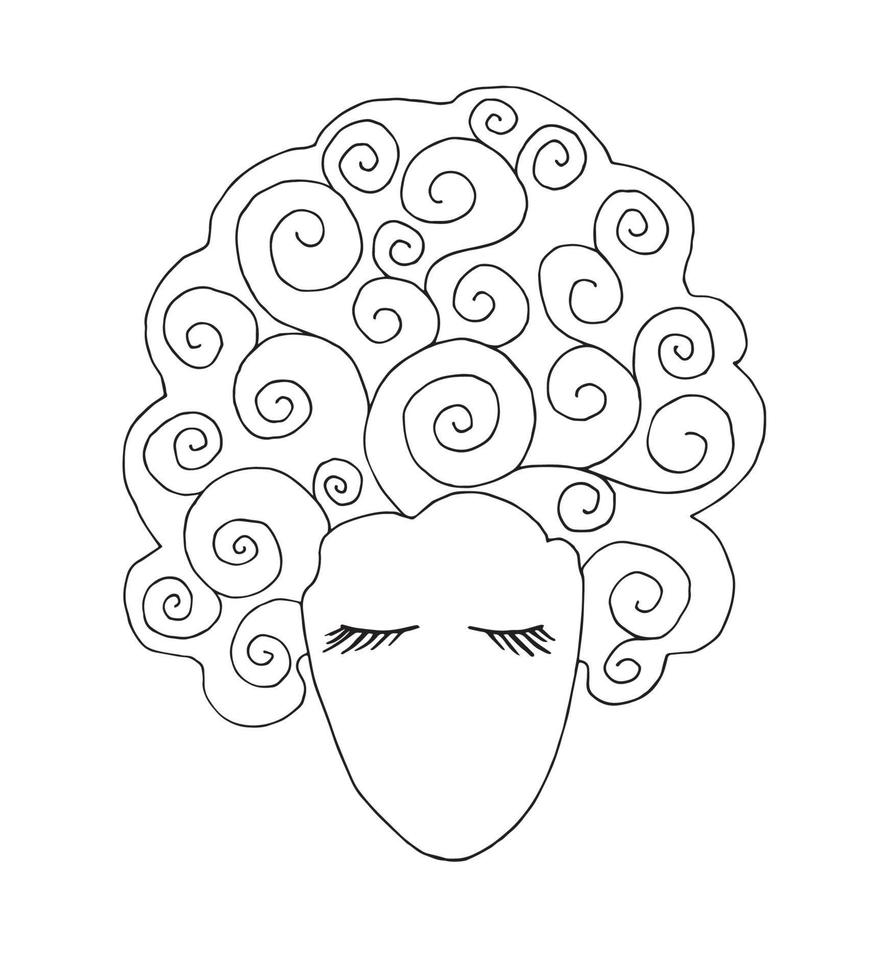 Abstract black line vector drawing, contour of a female head with curly hair, stylish hairstyle, spirals, wig. Cute cartoon doodle girl with closed eyes.