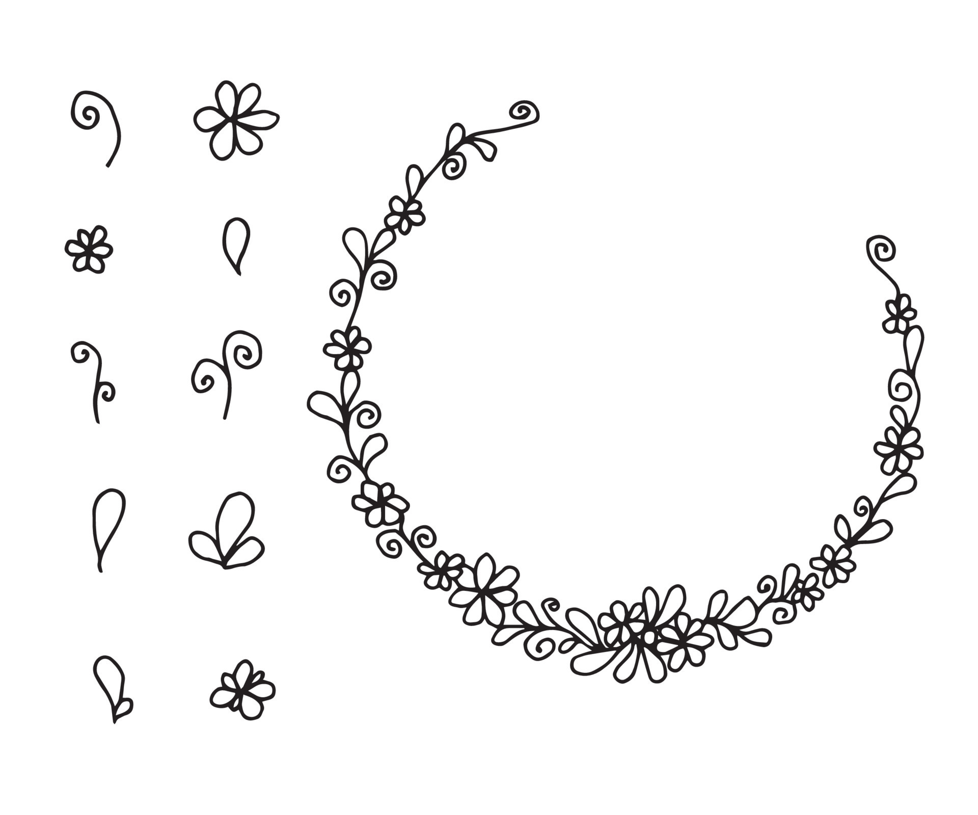 Vector set of hand drawn round frame in vintage style with floral