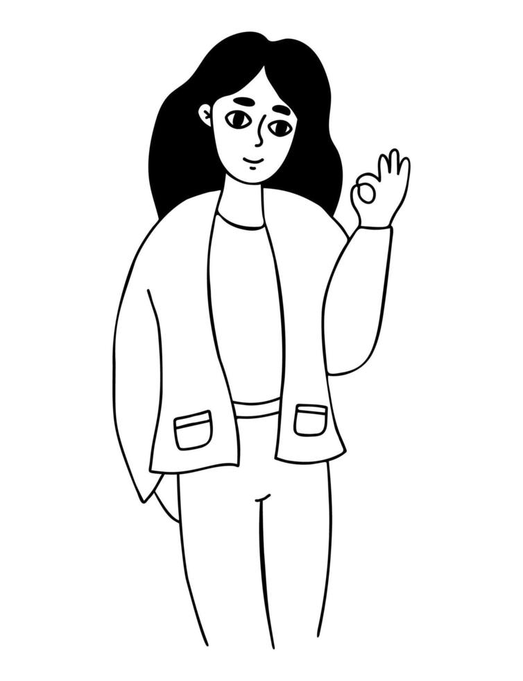 niña feliz con el pelo largo y muestra el gesto de la mano ok. ilustración vectorial garabato dibujado a mano lineal. lindo personaje femenino. vector