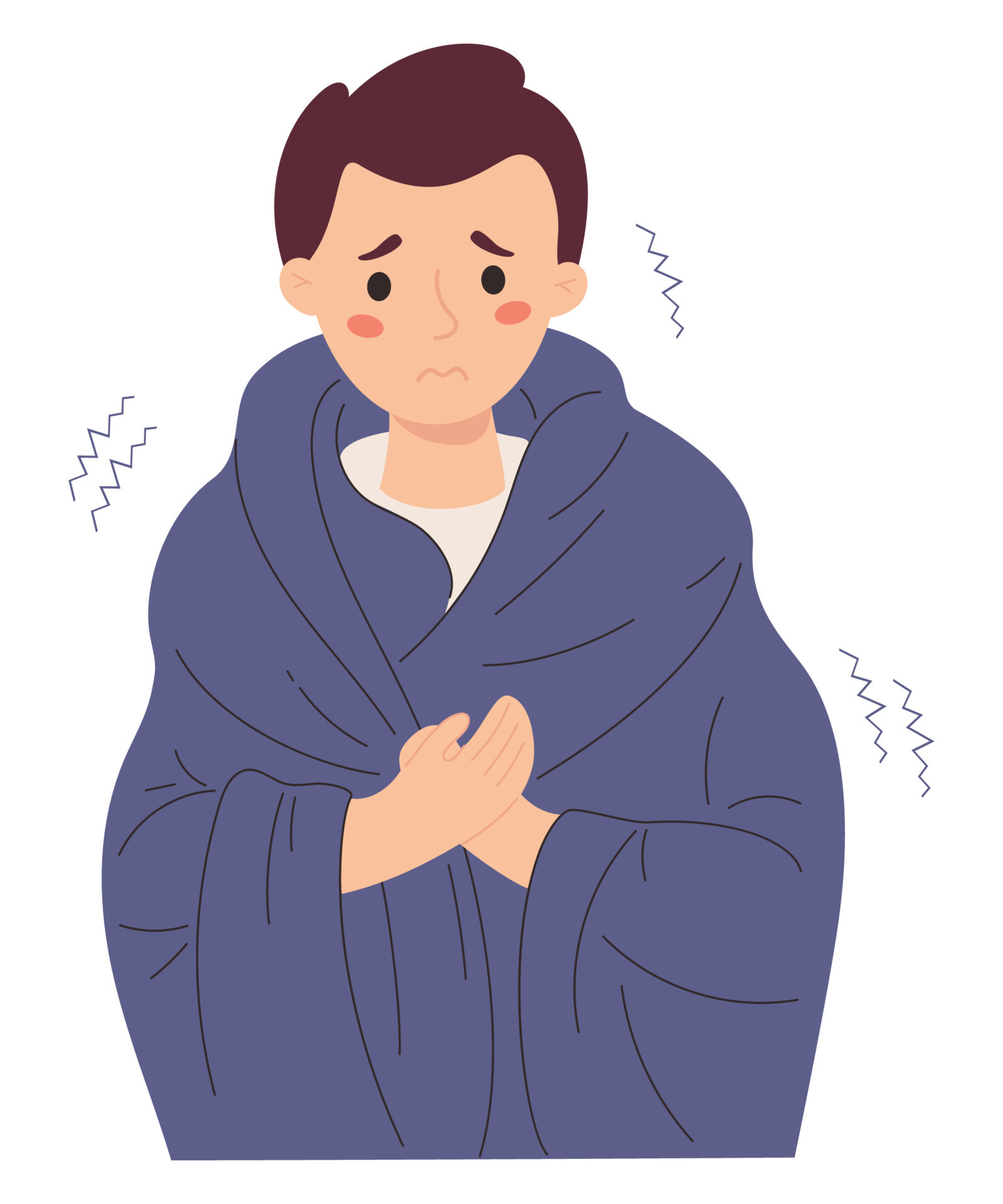 Unhappy man wrapped in blanket, freezing and trembling. Cartoon flat