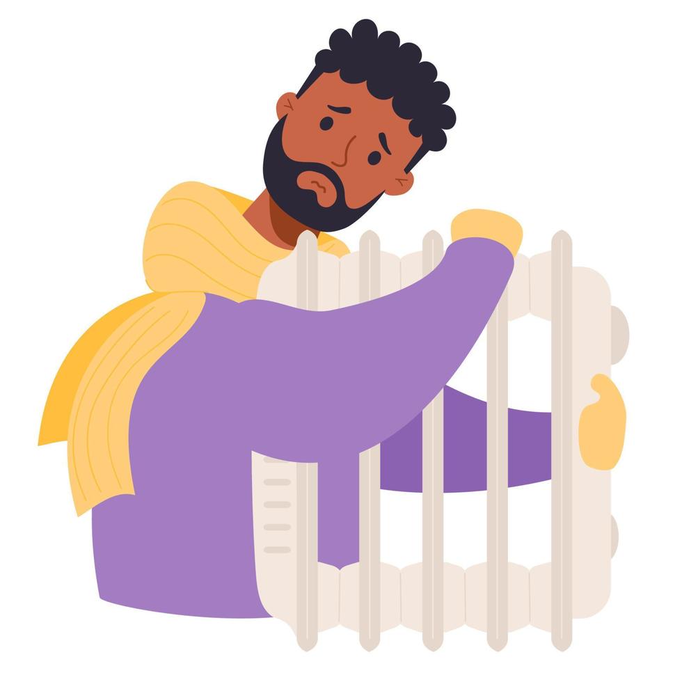 Sad bearded ethnic man in scarf and mittens, freezes and warms himself near battery. Vector illustration