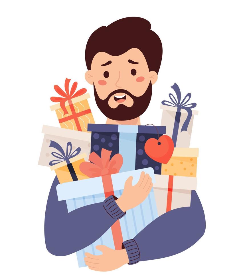 Happy bearded man holds many gifts and boxes in his hands. Vector illustration in cartoon flat style. male character for design of holiday themes, Christmas and birthday, gifts and sales.