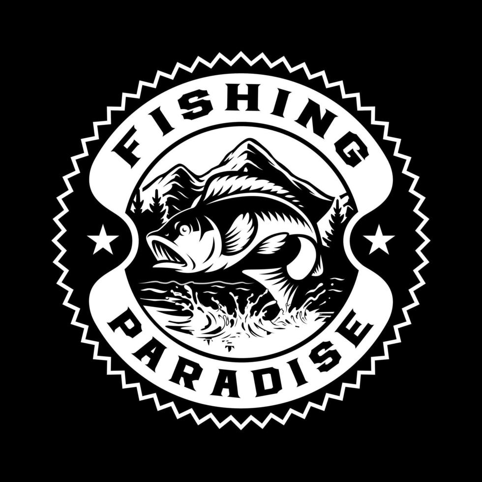 Vintage black and white vector fishing badge with perch