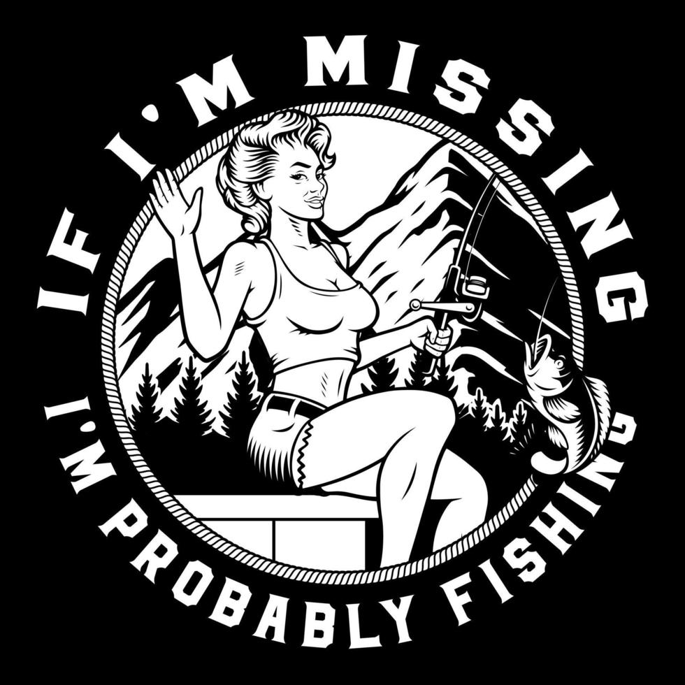 insignia vintage con una pin up girl en un viaje de pesca vector