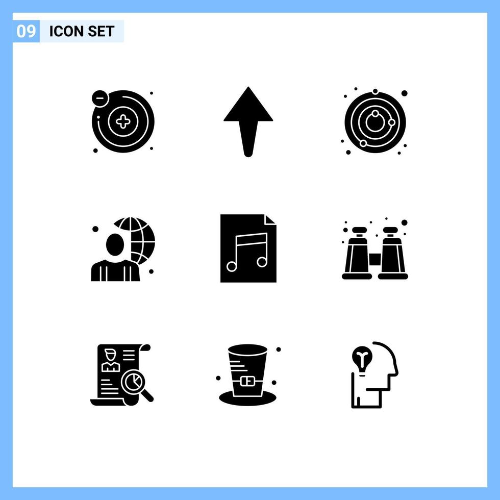 Modern Set of 9 Solid Glyphs and symbols such as binocular document universe audio male Editable Vector Design Elements