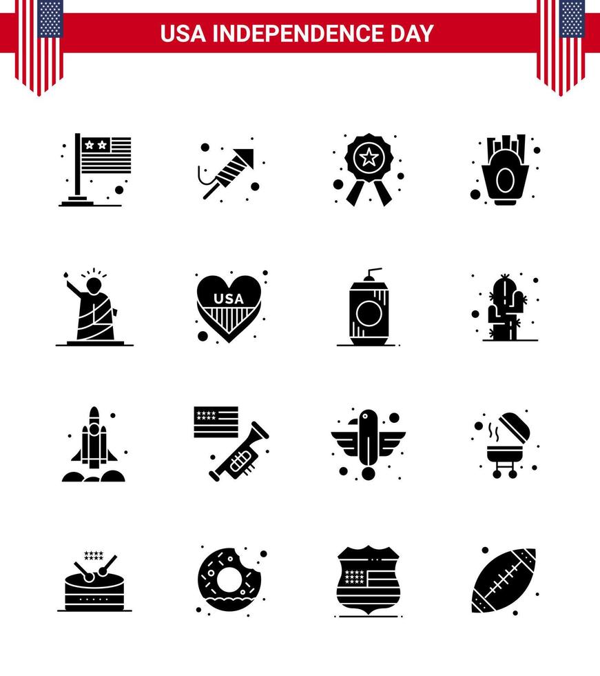 4th July USA Happy Independence Day Icon Symbols Group of 16 Modern Solid Glyphs of liberty food badge fries chips Editable USA Day Vector Design Elements