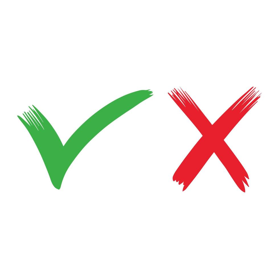 Hand drawn of Green check mark and Red cross isolated. Right and wrong icon. Vector illustration.