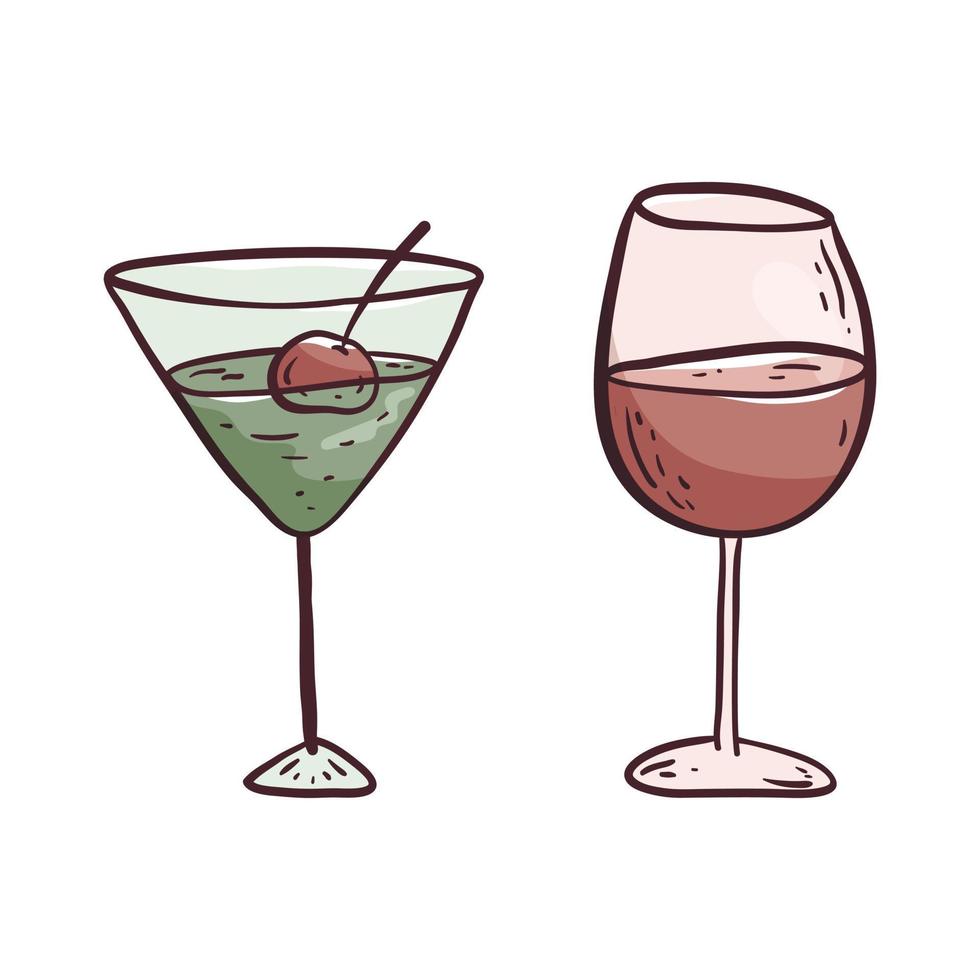 Vector isolated illustration on white background. Doodle picture of a glass of wine or juice and a glass of alcoholic cocktail. Design element