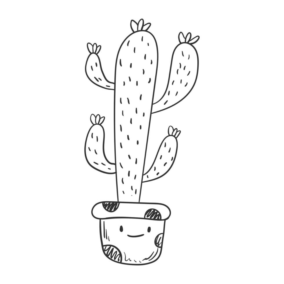 Cute vector line art illustration of a cactus. Sticker of a cheerful houseplant in a pot in doodle style. Home interior design element.