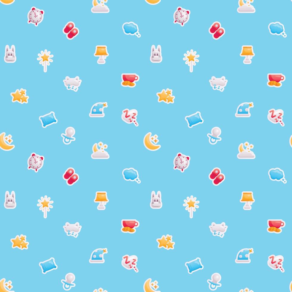 Vector pattern of cute bright stickers. Sleep time theme icons. Cute decorations for baby items, wrapping paper and room. Image of the moon and stars, alarm clock, pillow, dreams.