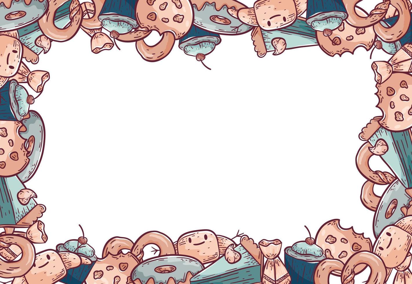 Vector doodle illustration. Funny horizontal frame to decorate the background and postcards. Various snacks, pastries, croissants, donuts and muffins. Cute elements with strokes.