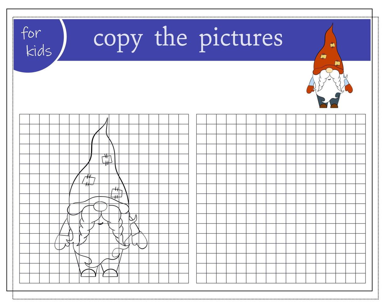 Copy the picture, educational games for children. Cartoon Christmas Gnome. vector