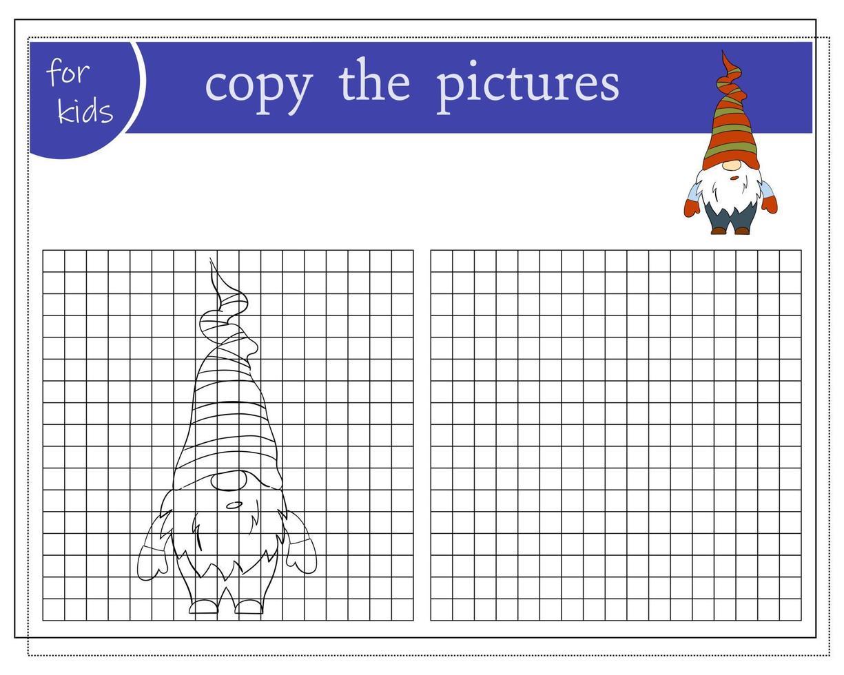 Copy the picture, educational games for children. Cartoon Christmas Gnome. vector