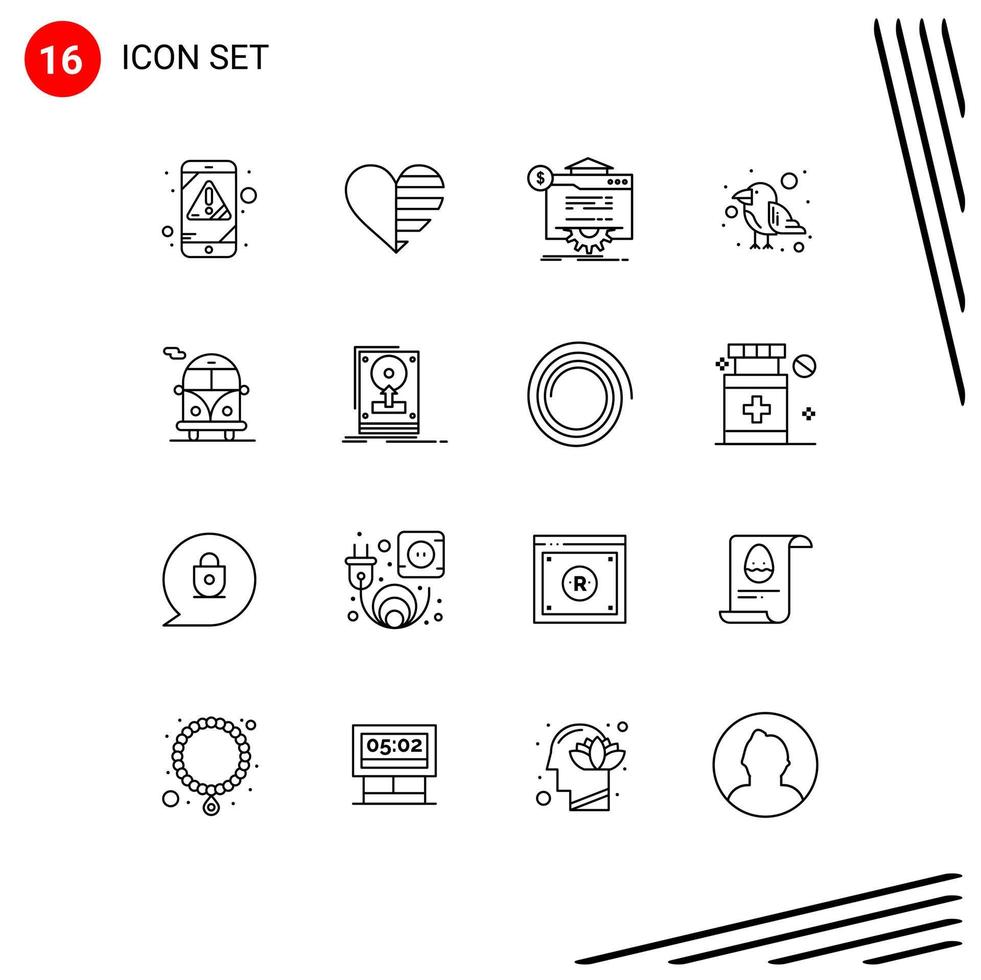 Pack of 16 Modern Outlines Signs and Symbols for Web Print Media such as wild parrot gift carnival technology Editable Vector Design Elements