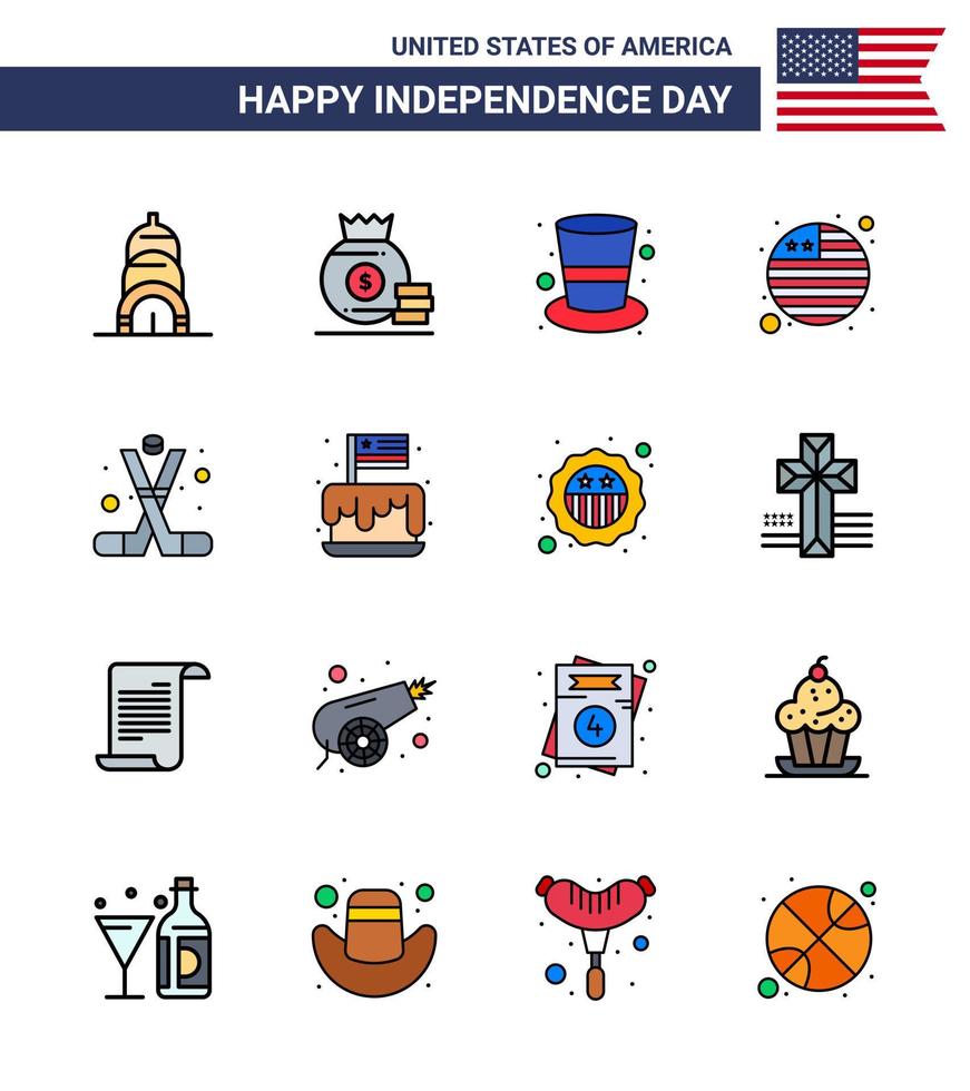 USA Happy Independence DayPictogram Set of 16 Simple Flat Filled Lines of american ice hockey cap hockey flag Editable USA Day Vector Design Elements