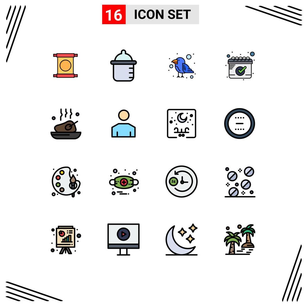 Pictogram Set of 16 Simple Flat Color Filled Lines of meal dinner parrot chicken date Editable Creative Vector Design Elements