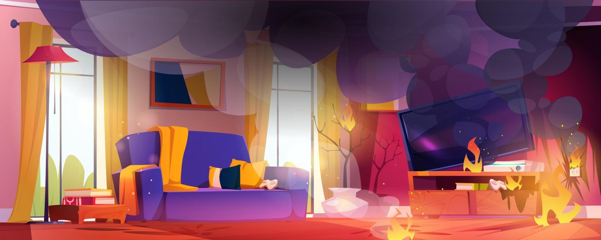 House room in fire. Flame and black smoke clouds vector