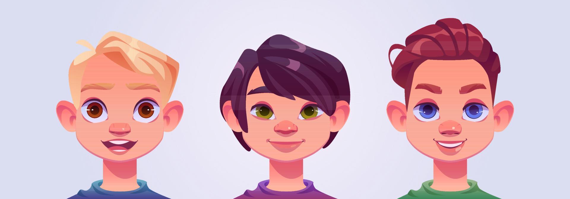 Boy face avatars, portraits of young characters vector