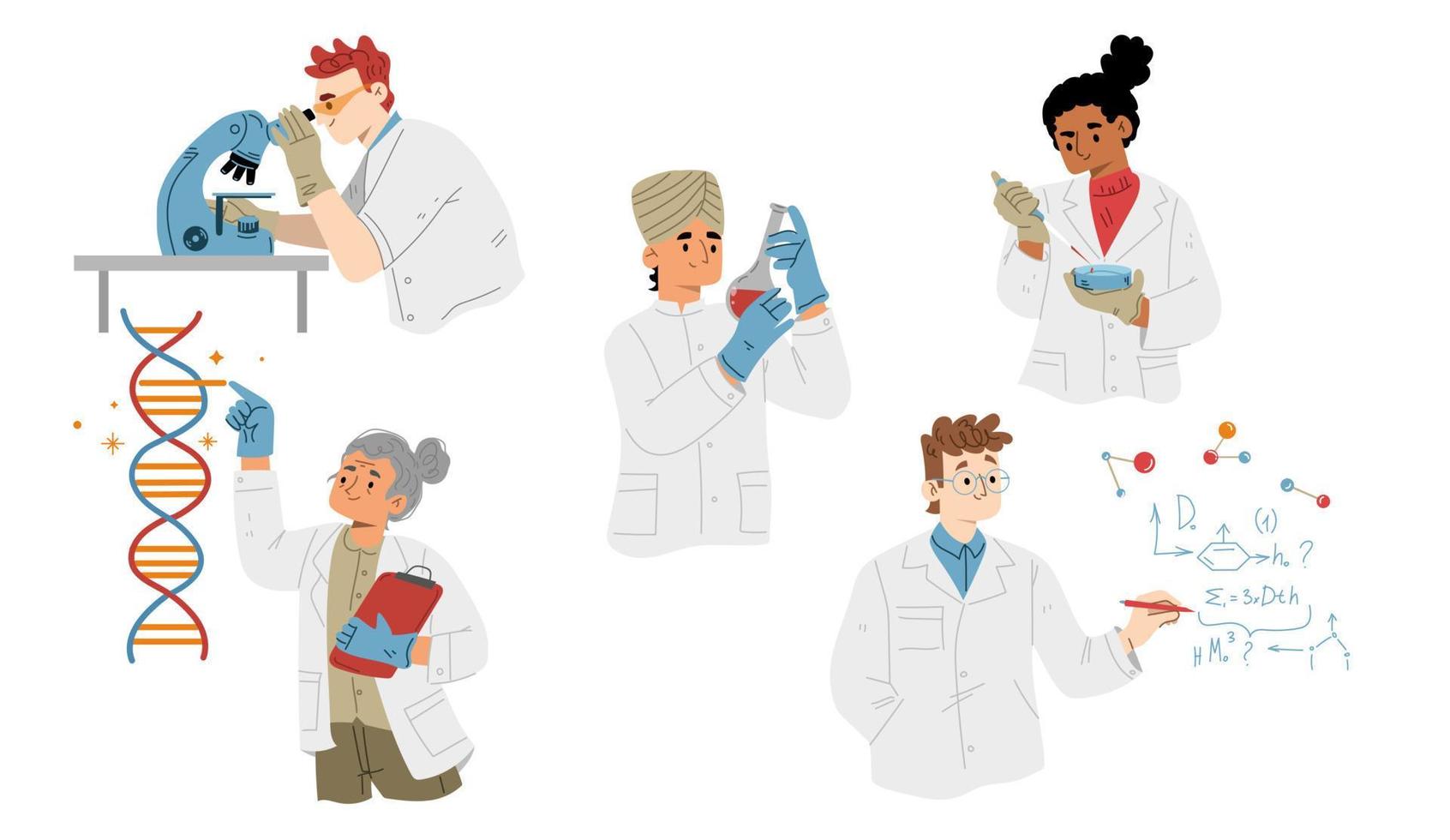 Set of laboratory scientists, flat characters vector