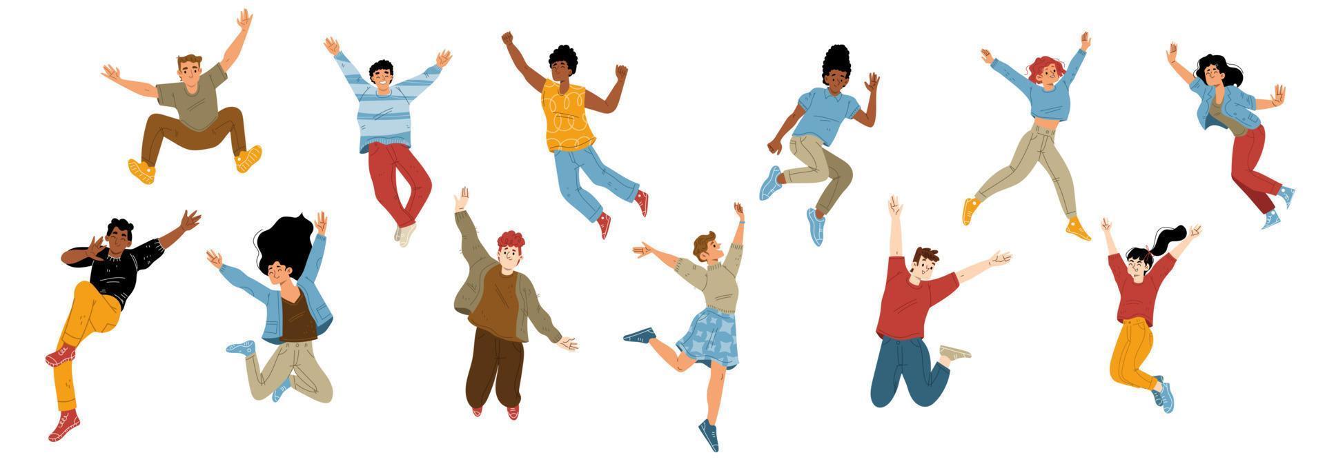 Happy people jump with raised arms, characters vector