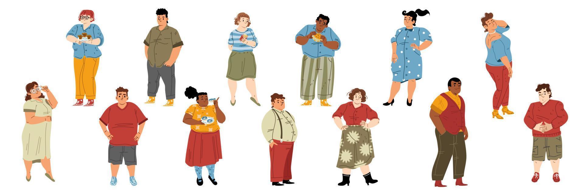Body positive fat people with unhealthy food vector