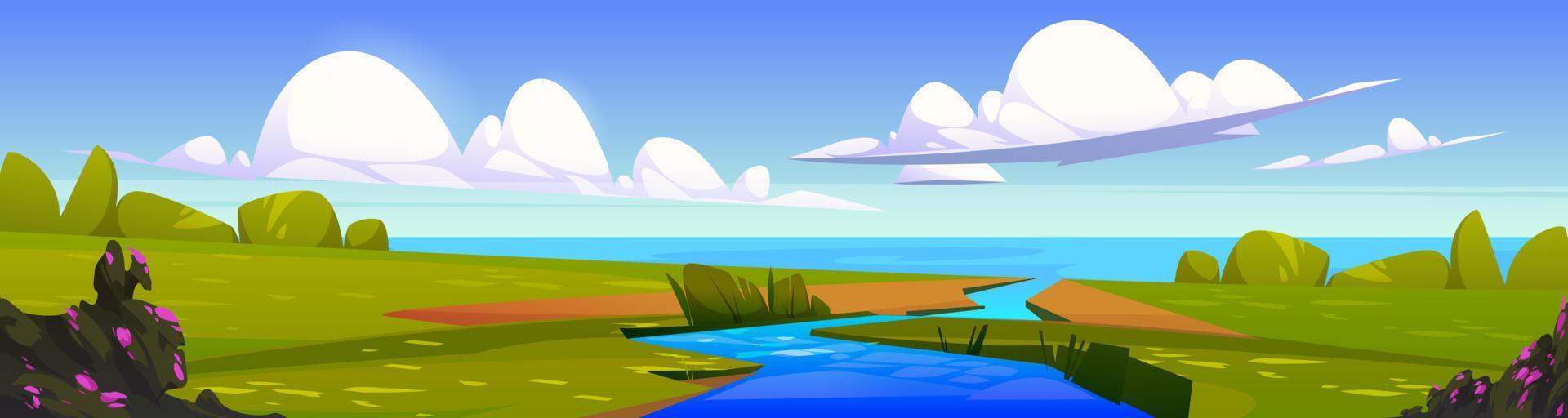 paisaje de verano con río que desemboca en el mar vector