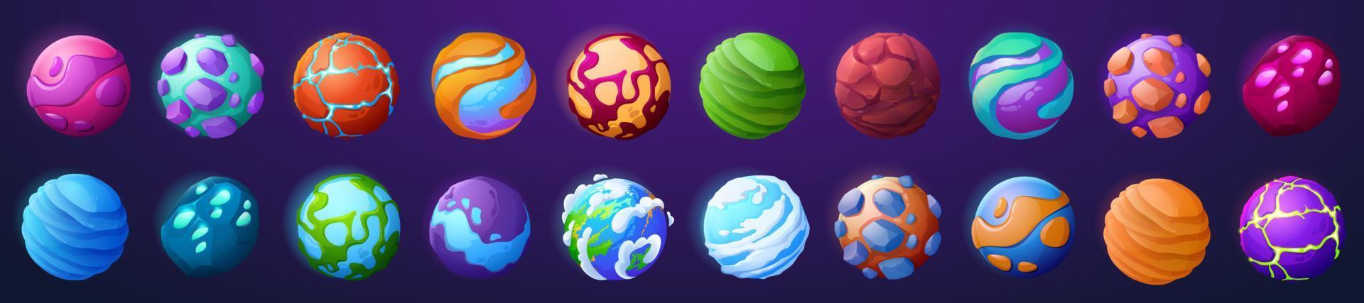 iconos de planetas y asteroides de fantasía para el juego espacial vector