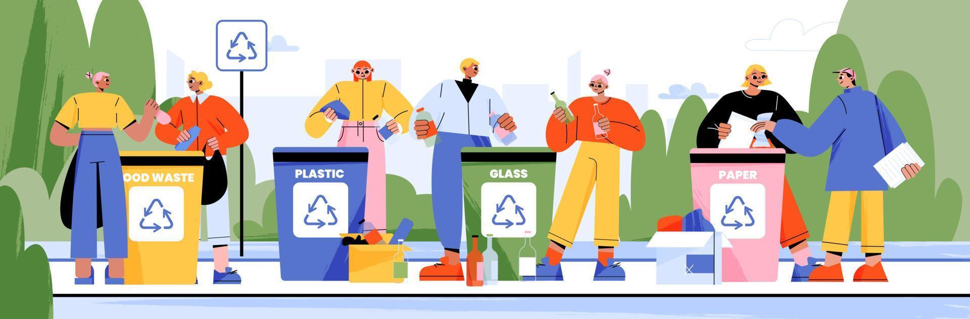 Happy people sort waste flat vector illustration