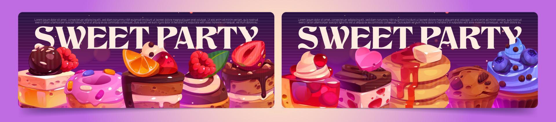 Sweet party cartoon banners with bakery desserts vector