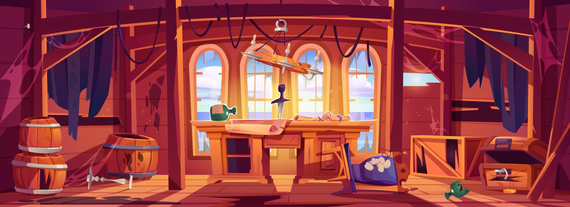 Abandoned pirate captain ship cabin, broken room vector