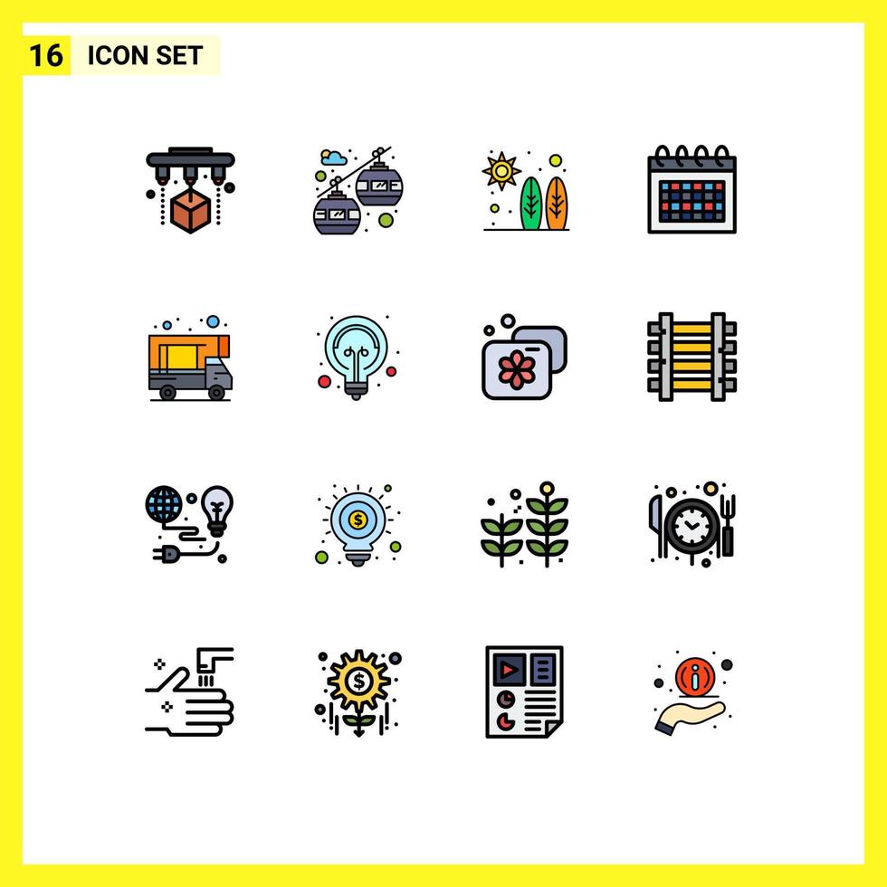 conjunto de 16 iconos de interfaz de usuario modernos símbolos signos para caravana de bulbos calendario de campamento de surf elementos de diseño de vectores creativos editables