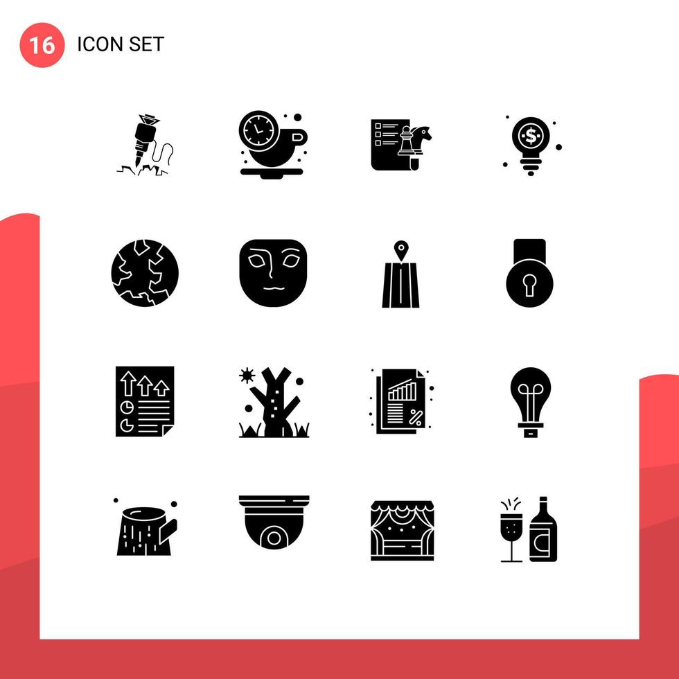 Modern Set of 16 Solid Glyphs Pictograph of earth money time dollar planning Editable Vector Design Elements